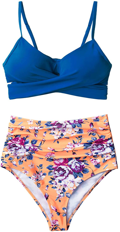 CUPSHE Women's High Waist Bikini Swimsuit Floral Print Tie Two Piece Bathing Suit Apparel & Accessories > Clothing > Swimwear CUPSHE   