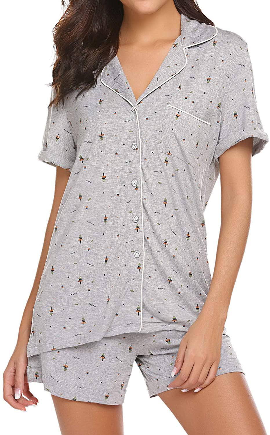 Ekouaer Pajamas Set Short Sleeve Sleepwear Womens Button Down Nightwear Soft Pj Lounge Sets XS-XXL Apparel & Accessories > Clothing > Sleepwear & Loungewear > Pajamas Ekouaer Pat-christmas Grey Medium 