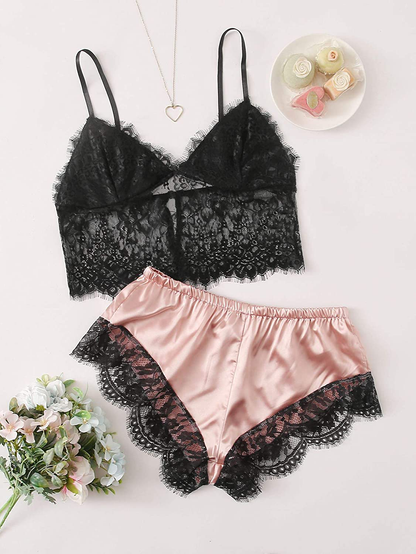 Verdusa Women'S Sleepwear V Neck Lace Wireless Cami Top & Satin Shorts Lingerie Chemise Pajama Set Apparel & Accessories > Clothing > Sleepwear & Loungewear Kylie Max   