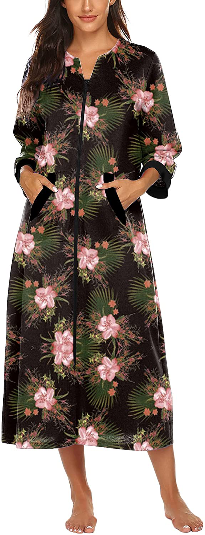 Ekouaer Women Zipper Robe 3/4 Sleeves Loungewear Full Length Sleepwear Pockets Housecoat Long Soft Bathrobe Apparel & Accessories > Clothing > Sleepwear & Loungewear > Robes Ekouaer Style 1-pat8 3X-Large 