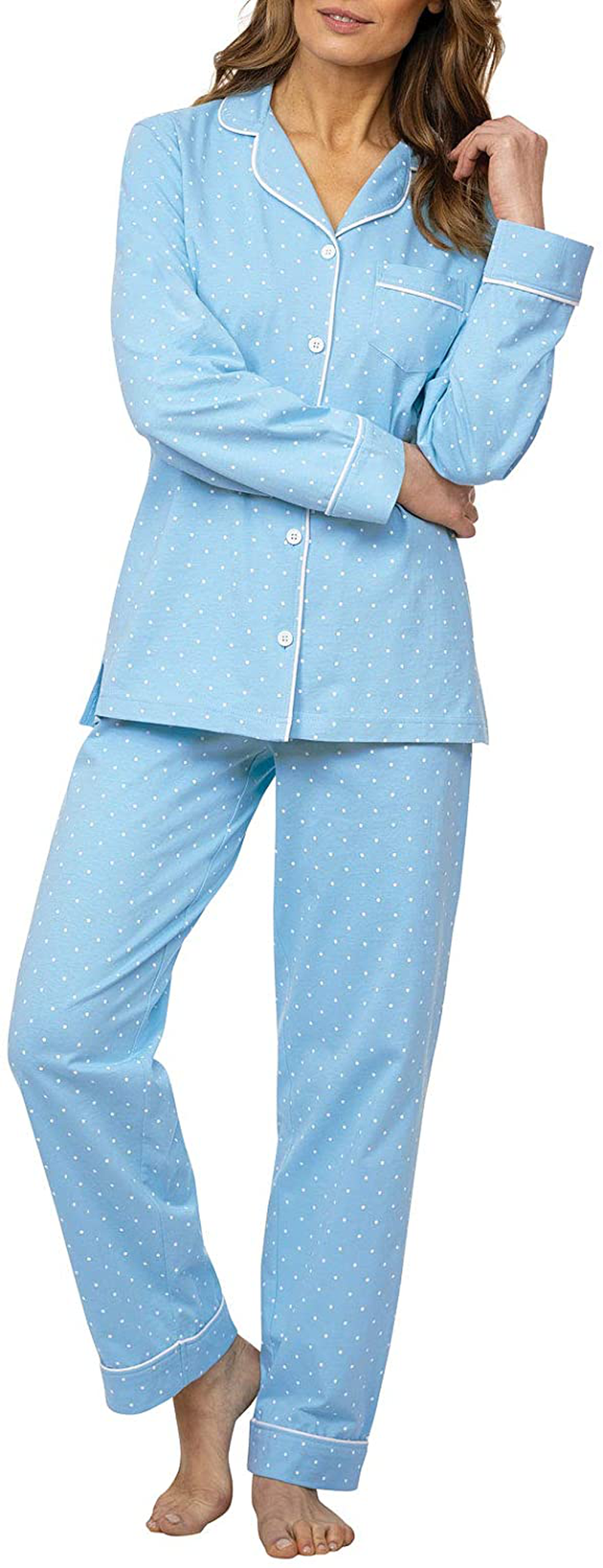 PajamaGram Pajama Set for Women - Cotton Jersey Pajamas Women Apparel & Accessories > Clothing > Sleepwear & Loungewear > Pajamas PajamaGram Light Blue - Pin Dot Large 