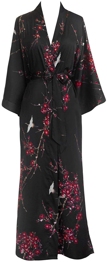 KIM+ONO Women'S Charmeuse Kimono Robe Long - Watercolor Floral Apparel & Accessories > Clothing > Sleepwear & Loungewear > Robes KIM+ONO Cherry Blossom & Crane - Black  