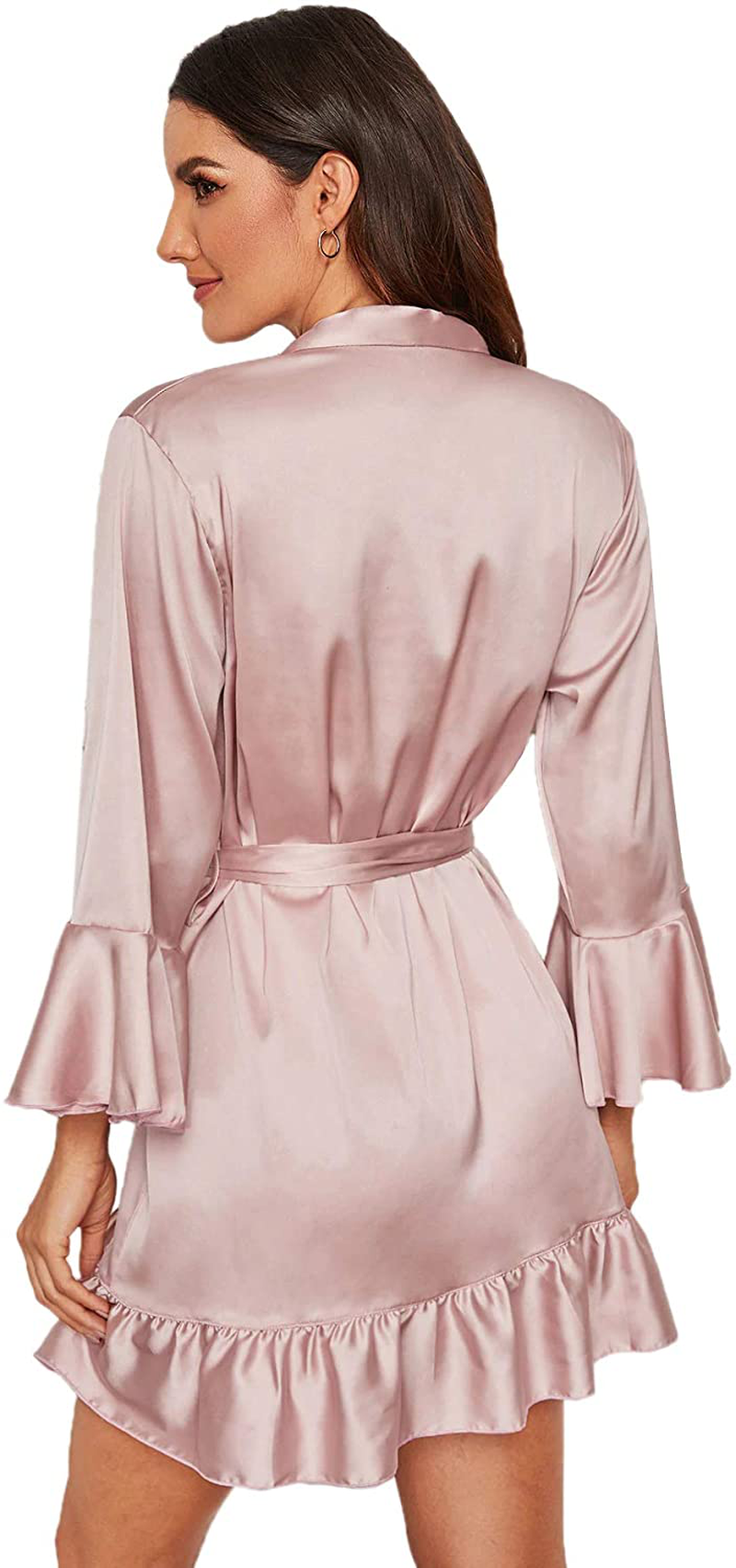 Floerns Women'S Ruffle Hem Belted Satin Kimono Bridesmaids Robe Apparel & Accessories > Clothing > Sleepwear & Loungewear > Robes Floerns   