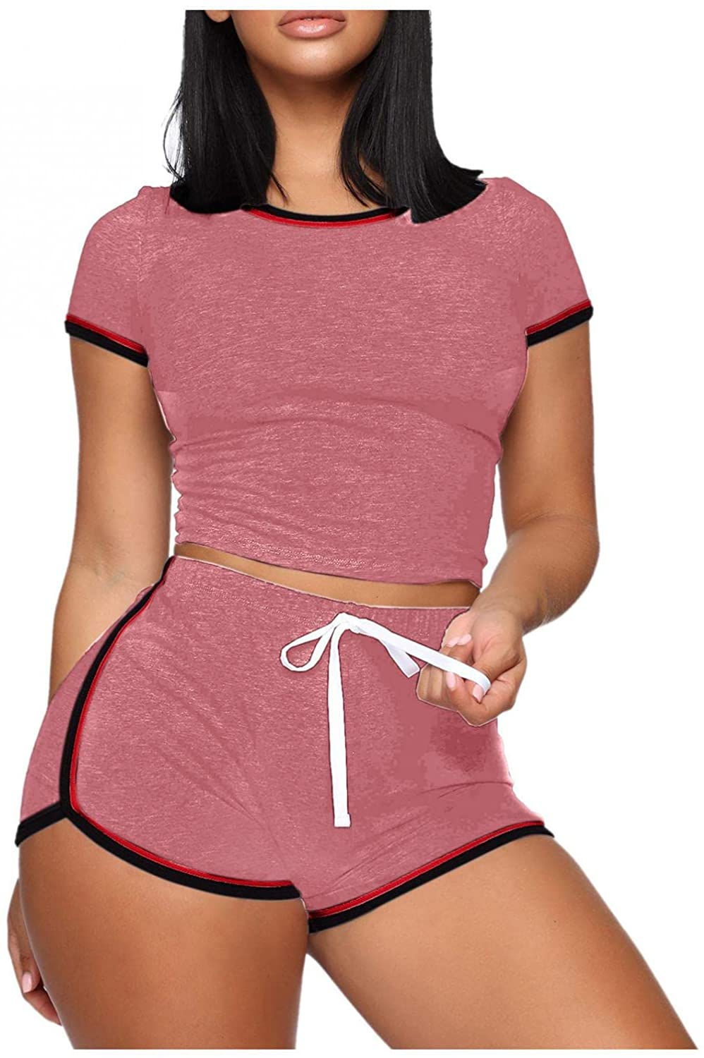 Burband Womens Casual Loungewear 2 Piece Shorts Sets Short Sleeve Sexy Crop Top and Jogger Shorts Summer Tracksuits Outfits Apparel & Accessories > Clothing > Underwear & Socks > Shapewear Burband Pink Medium 