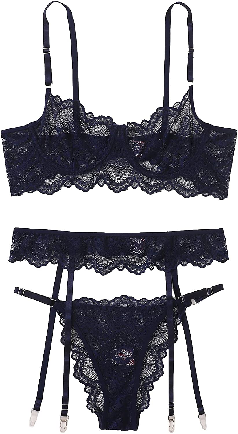 Shein Women'S 3 Piece Floral Lace Lingerie Set with Garter Belts Sexy Bra and Panty Apparel & Accessories > Clothing > Underwear & Socks > Lingerie SheIn Navy Blue Large 