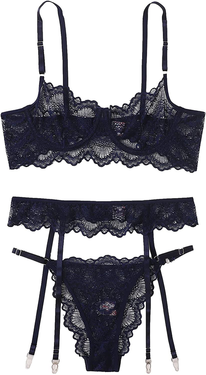 Shein Women'S 3 Piece Floral Lace Lingerie Set with Garter Belts Sexy Bra and Panty Apparel & Accessories > Clothing > Underwear & Socks > Lingerie SheIn Navy Blue Large 
