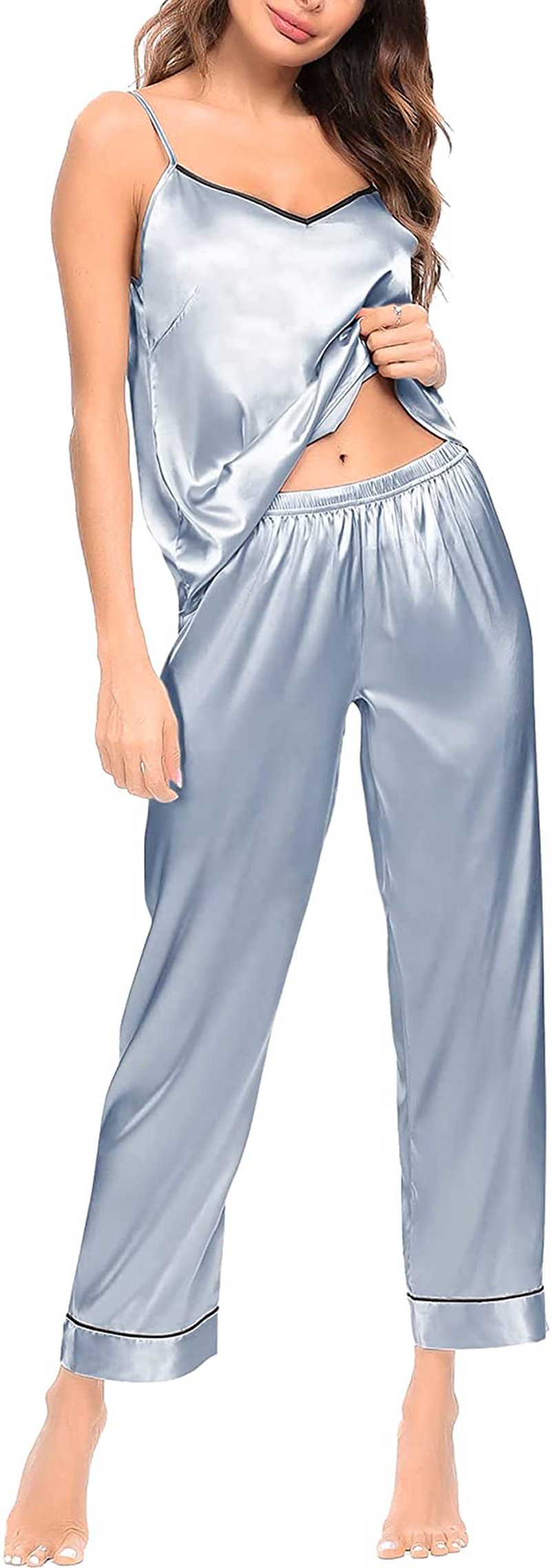 SWOMOG Womens Silk Satin Pajamas Set Two-Piece Pj Sets Cami Top and Capris Pants Sleepwear Apparel & Accessories > Clothing > Sleepwear & Loungewear Kylie Max   