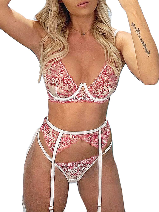 Kaei&Shi Garter Lingerie for Women,Embroidered Sexy Lingerie,Underwire Matching 3 Piece Lingerie Set Apparel & Accessories > Clothing > Underwear & Socks > Lingerie Kaei&Shi Red 0-2 