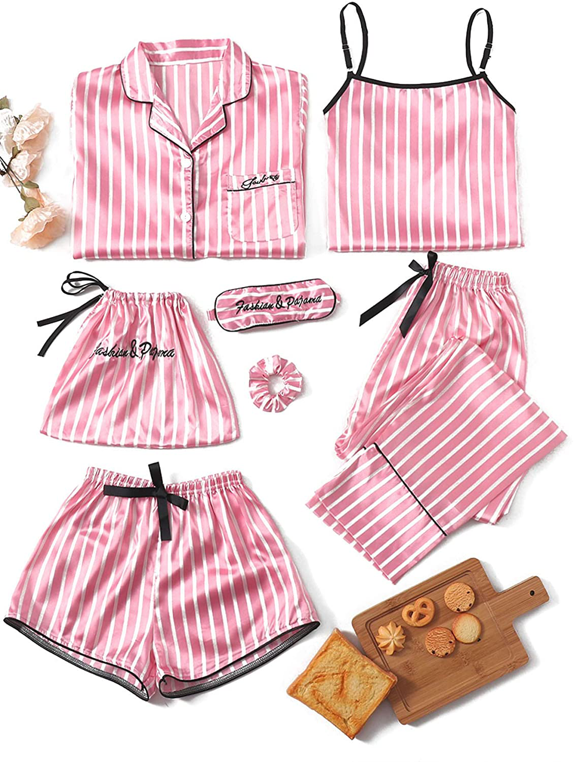 WDIRARA Women'S Silk Satin Pajama Set 4 Pieces Sleepwear Loungewear Pj Sets Apparel & Accessories > Clothing > Sleepwear & Loungewear Kylie Max   