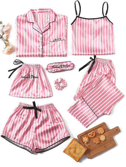 WDIRARA Women'S Silk Satin Pajama Set 4 Pieces Sleepwear Loungewear Pj Sets Apparel & Accessories > Clothing > Sleepwear & Loungewear Kylie Max   