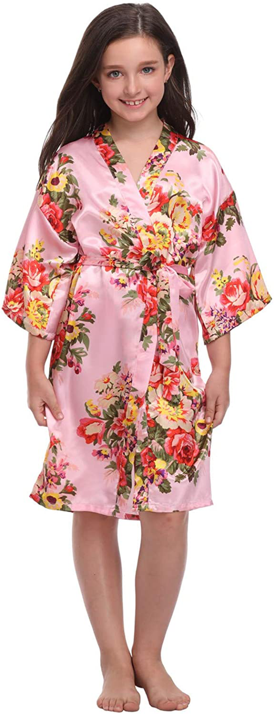 Girls Floral Satin Robes for Spa Party Flower Girl Robes Toddler Wedding Silk Robes Apparel & Accessories > Clothing > Sleepwear & Loungewear > Robes Kylie Max   