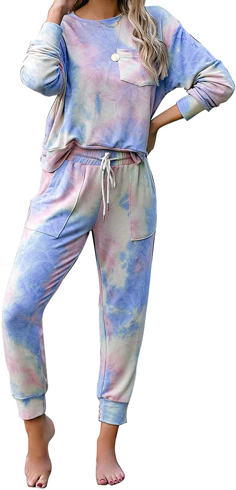 luvamia Women Tie Dye Pajama Sets Long Sleeve Tops and Pants PJ Sets Joggers Loungewear Sleepwear Apparel & Accessories > Clothing > Sleepwear & Loungewear > Pajamas KYLIE MAX Blue Small 