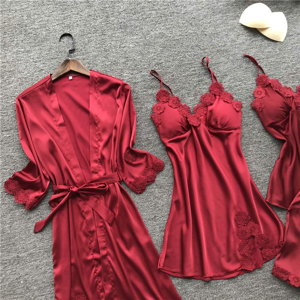 SAPJON Women'S 4Pcs Silk Satin Pajama Set Sexy Cami Top Nightgown Lace Sleepwear Robe Sets Nightdress with Chest Pads Apparel & Accessories > Clothing > Sleepwear & Loungewear Kylie Max   