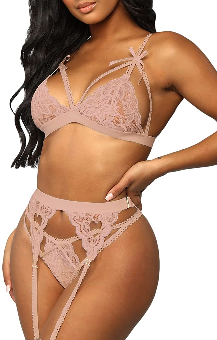 Kaei&Shi Sexy Lingerie for Women, Heart Lingerie Set with Garter Belt, Lace Bondage Lingerie Bra and Panty Sets Apparel & Accessories > Clothing > Underwear & Socks > Lingerie Kaei&Shi Light Pink Small 