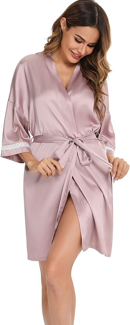 Vlazom Women'S Kimono Robes Short Satin Pure Color Bridal Party Robe with Oblique V-Neck Apparel & Accessories > Clothing > Sleepwear & Loungewear > Robes KYLIE MAX S-rose Pink X-Large 