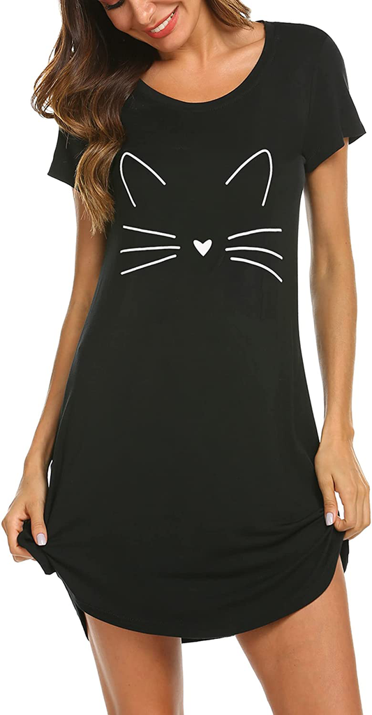 Hotouch Night Shirts Womens Nightgowns Cute round Neck Short Sleeve Printed Sleep Shirts Soft Sleepwear XS-XXL Apparel & Accessories > Clothing > Sleepwear & Loungewear > Nightgowns Kylie Max   