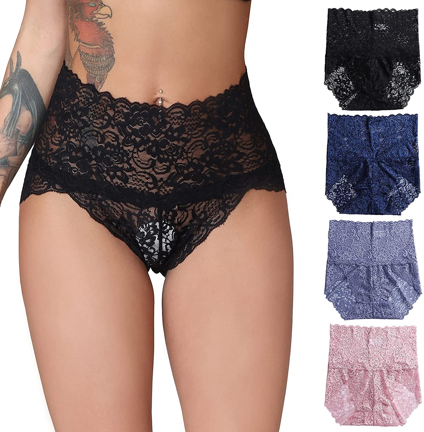 Talanes Women’S High Waisted Lace Underwear Sexy, Ladies Cheeky Lacy Panties Briefs , Soft Full Coverage Panty Multipack  Talanes Black/Blue/Purple/Red Gray Small 