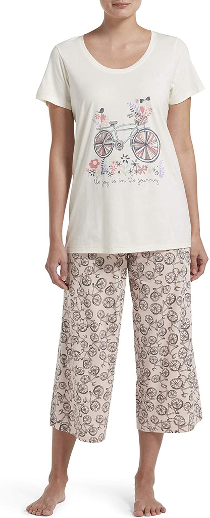 Hue Printed Knit Short Sleeve Tee and Capri 2 Piece Pajama Set Sleepwear Apparel & Accessories > Clothing > Sleepwear & Loungewear > Pajamas HUE Off White - Joy of the Journey Small 