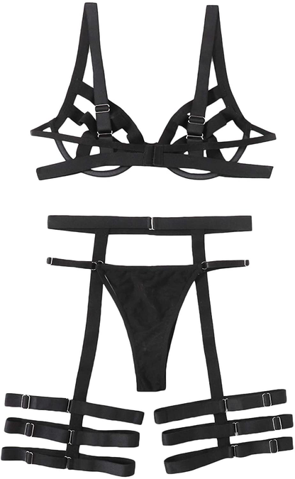 Shein Women'S Lingerie Set with Garter Belts 3 Piece Sexy Cut Out Lingerie Bodysuit Apparel & Accessories > Clothing > Underwear & Socks > Lingerie SheIn   