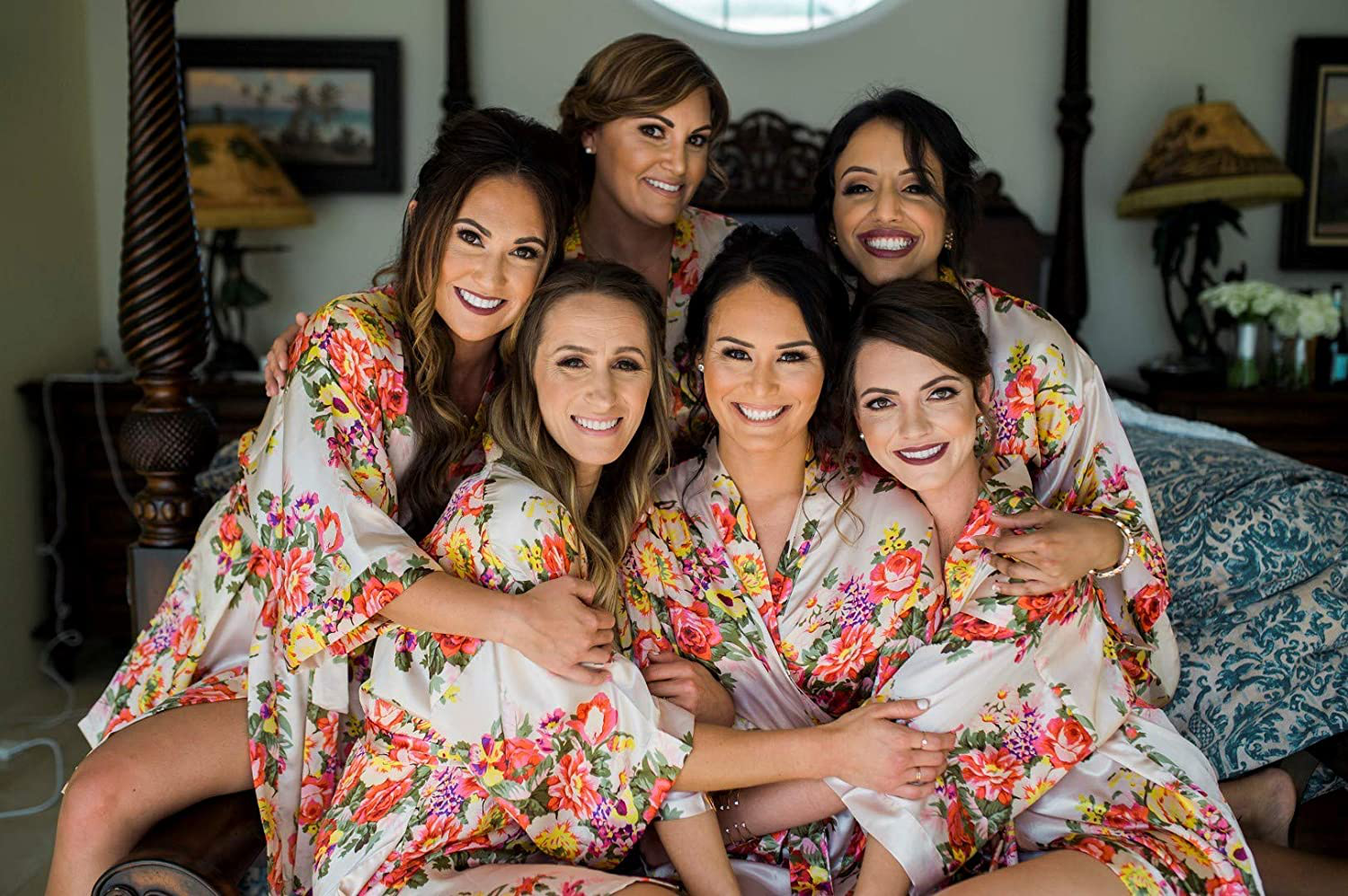 Women'S Floral Satin Kimono Short Bridesmaid Robe with Pockets - Silky Touch Apparel & Accessories > Clothing > Sleepwear & Loungewear > Robes Ms Lovely   