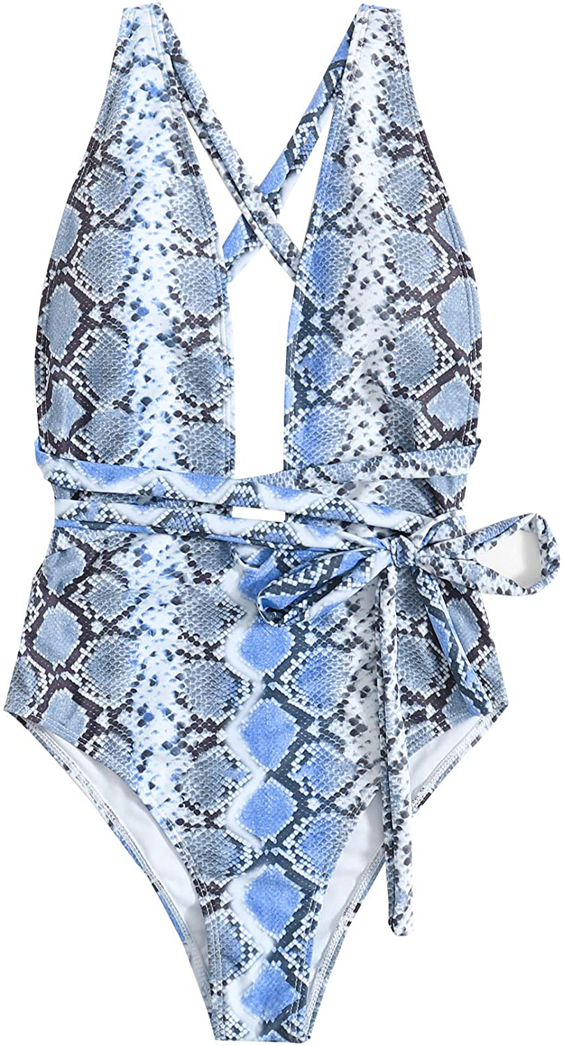 Sweatyrocks Women'S Sexy Bathing Suits Criss Cross Tie Knot Front Deep V Open Back Leopard One Piece Swimwear Apparel & Accessories > Clothing > Swimwear Kylie Max   