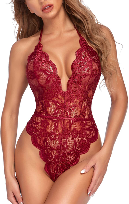 Avidlove Womens Lace Bodysuit Teddy Lingerie Sexy Deep V Halter One Piece Babydoll Apparel & Accessories > Clothing > Underwear & Socks > Lingerie Avidlove Wine Red Small 