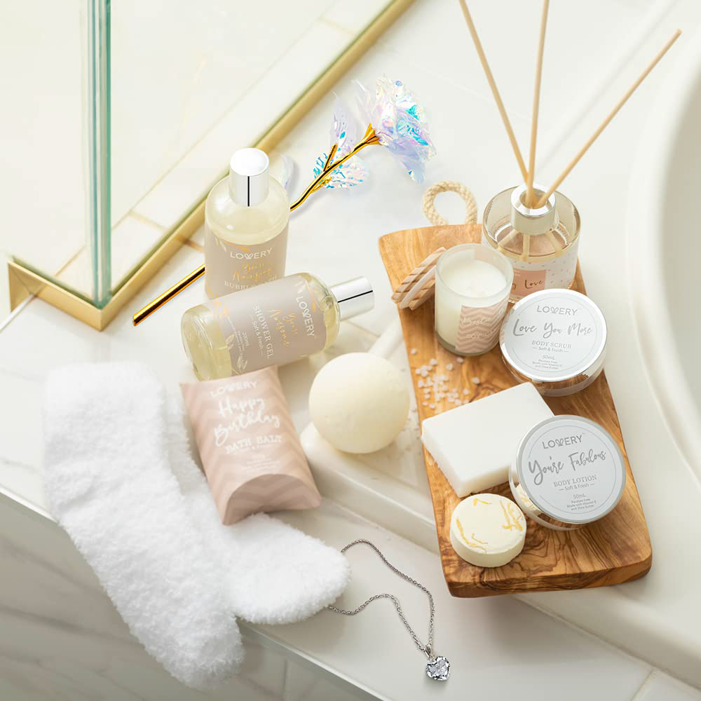 Birthday Gift Basket - Bath and Spa Gift Set for Women - Luxury Birthday Spa Gift Box with Vit E- Rich Bath Essentials, Diffuser, Candle, Sterling Silver CZ Heart Necklace, 24k Flower Rose Gift & More Arts & Entertainment > Party & Celebration > Gift Giving LOVERY   