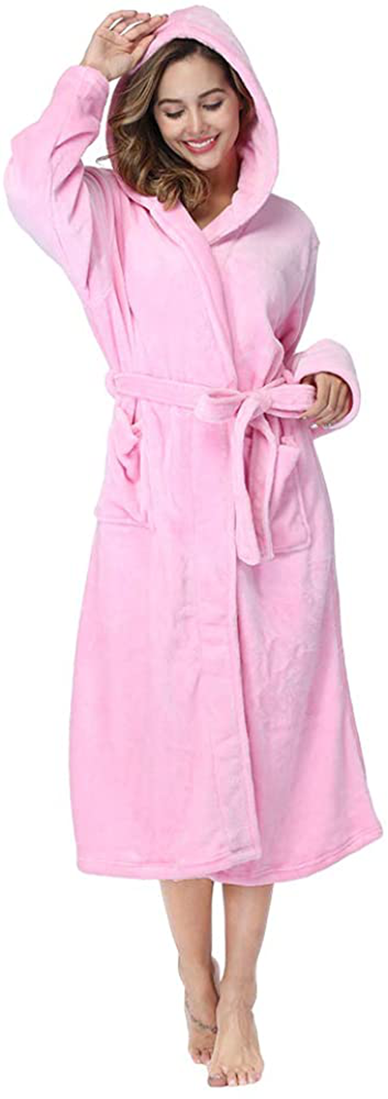 RONGTAI Womens Long Robes Plush Fleece Nightgown Thick plus Size Hooded Bathrobe with Pockets Fluffy Sleepwear for Men Apparel & Accessories > Clothing > Sleepwear & Loungewear > Robes RONGTAI Pink X-Large 