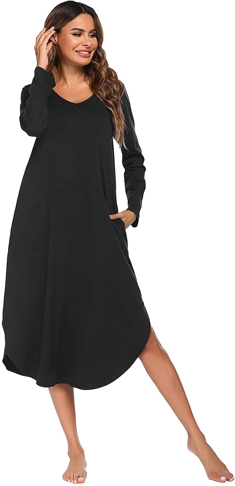 Ekouaer Nightgowns Womens V Neck Nightshirts Long Sleeve Sleepwear plus Size Night Wear S-XXL Apparel & Accessories > Clothing > Sleepwear & Loungewear > Nightgowns Kylie Max   
