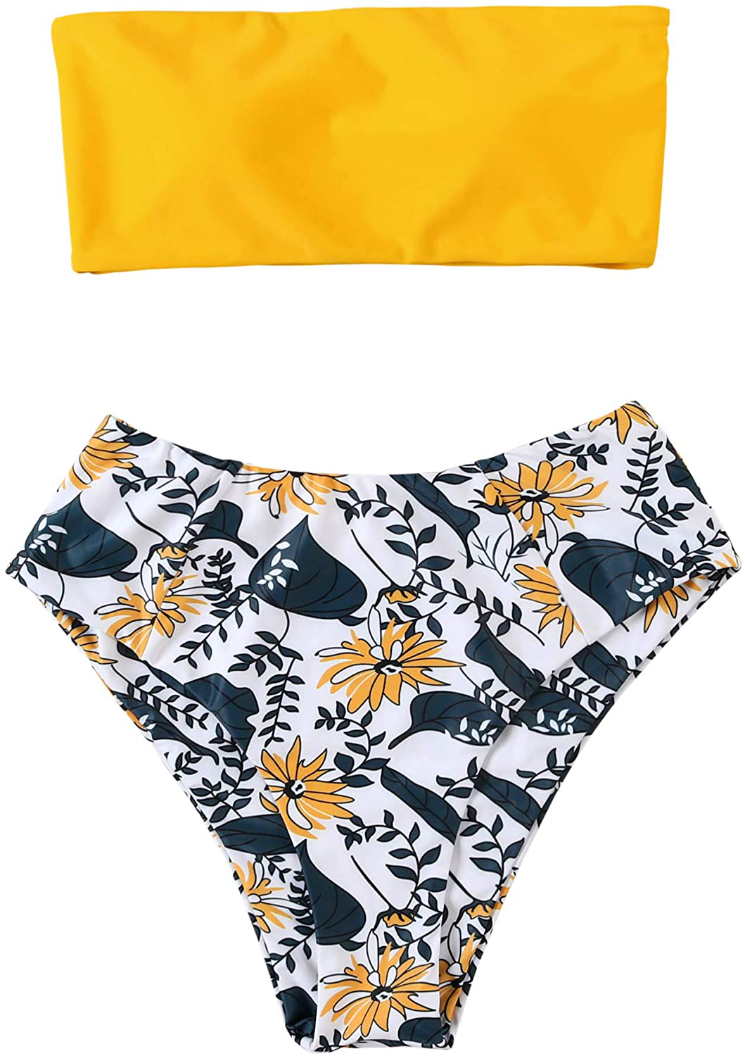 OMKAGI Women's 2 Pieces Bandeau Bikini Swimsuits Off Shoulder High Waist Bathing Suit High Cut Apparel & Accessories > Clothing > Swimwear OMKAGI Yellow Floral-88 Medium 
