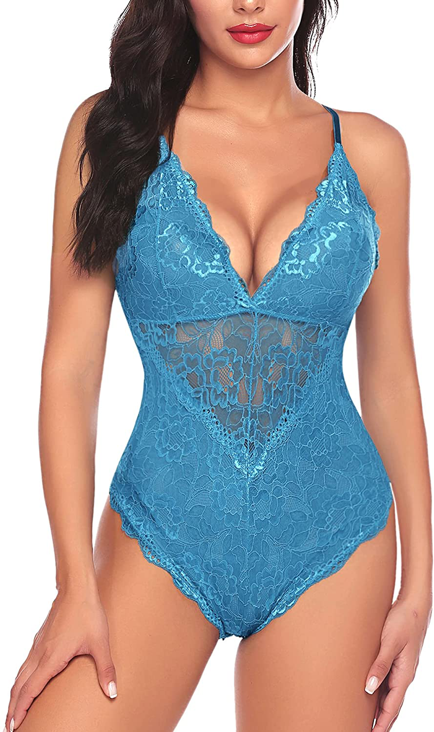 Avidlove Women Snap Crotch Lingerie Sexy Lace Bodysuit Deep V Teddy One Piece Lace Babydoll Apparel & Accessories > Clothing > Underwear & Socks > Lingerie Avidlove Aqua Green-(with Snap Crotch) Medium 