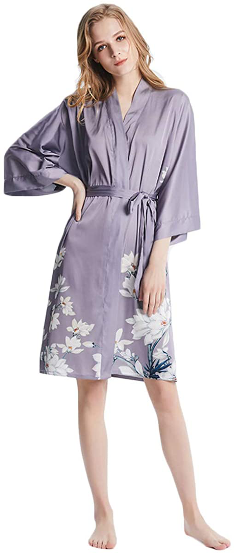 Grace Silk 100% Silk Short Robe Kimono Apparel & Accessories > Clothing > Sleepwear & Loungewear > Robes Grace Scarves Winter Blooms, Lavender  