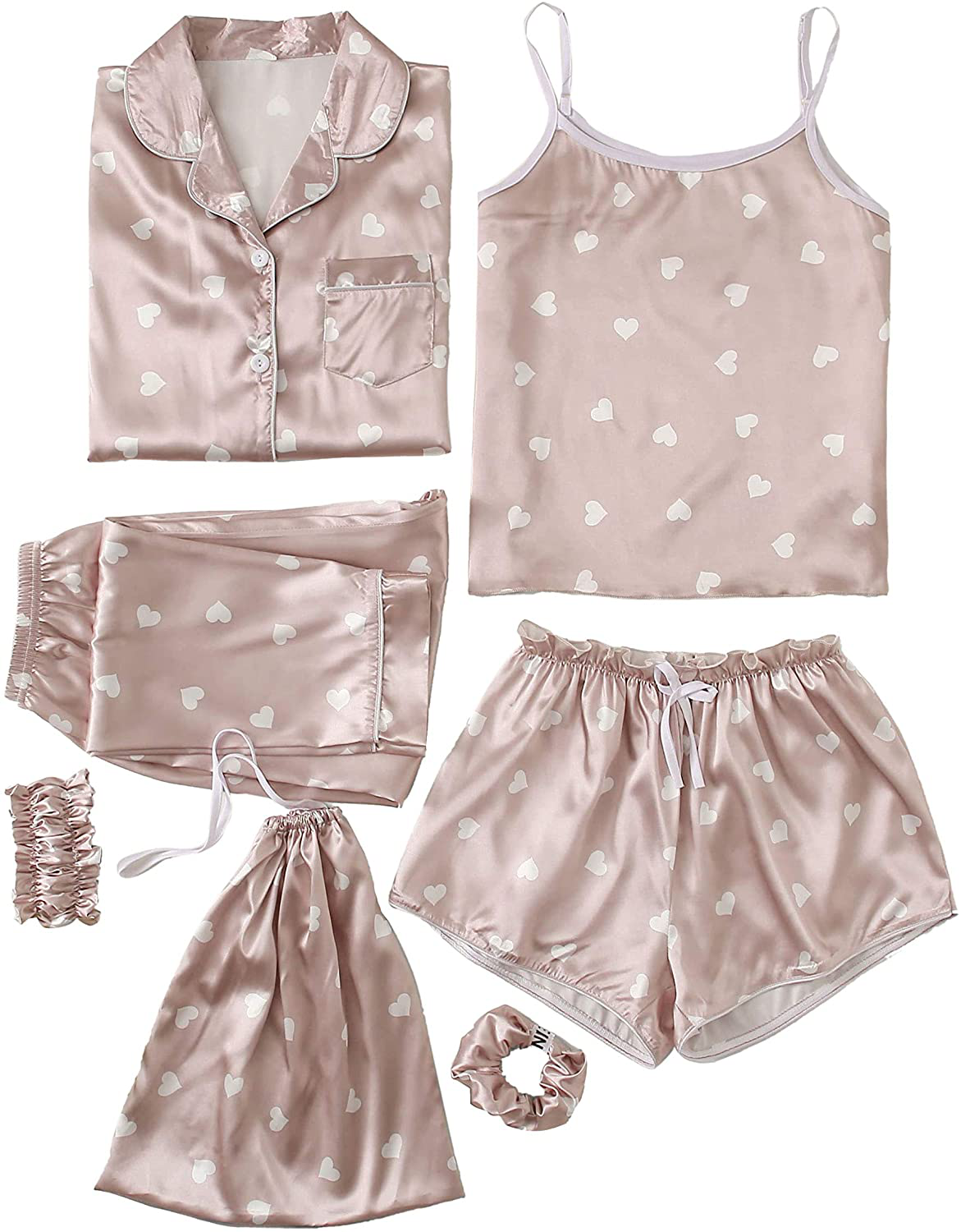 SheIn Women's 7pcs Pajama Set Cami Pjs with Shirt and Eye Mask Apparel & Accessories > Clothing > Sleepwear & Loungewear > Pajamas SheIn Dusty Rose Small 