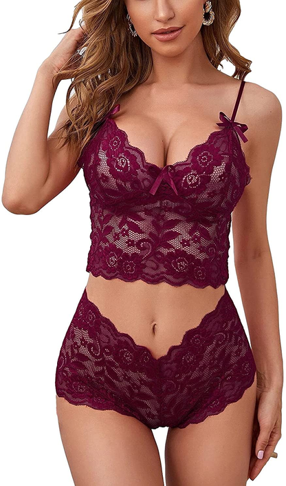 Lilosy Sexy Sheer Floral Lace Pajamas Lingerie Set High Waist Sleepwear Bra and Panty 2 Piece Nightwear Apparel & Accessories > Clothing > Underwear & Socks > Lingerie Lilosy Bow Ties Wine red Small 