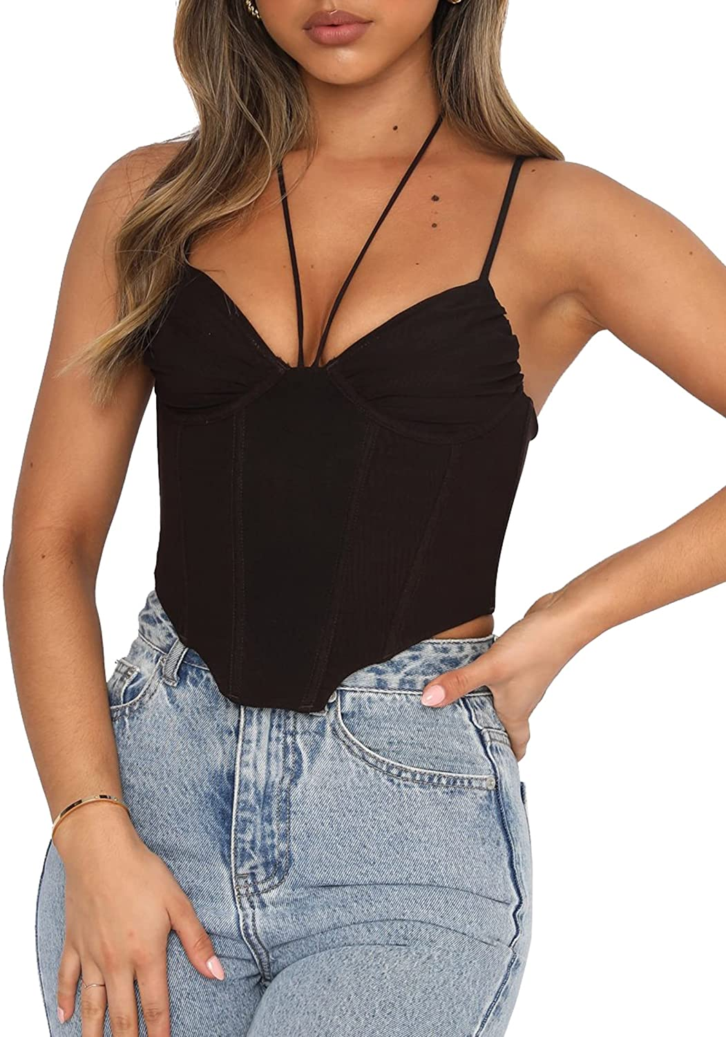 SOFIA'S CHOICE Women'S Halter Corset Crop Top Asymmetrical Hem Backless Sexy Mesh Camisole Apparel & Accessories > Clothing > Underwear & Socks > Lingerie SOFIA'S CHOICE Black Large 