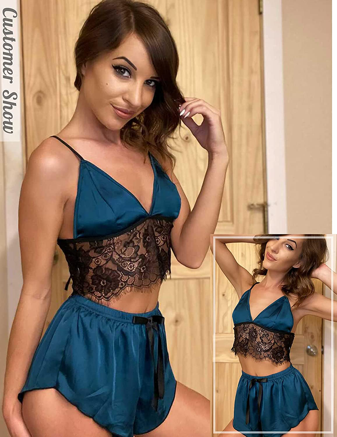 Avidlove Satin Pajama Lingerie Lace Cami Top with Shorts Sexy 2 Piece Sleepwear Apparel & Accessories > Clothing > Sleepwear & Loungewear Kylie Max   