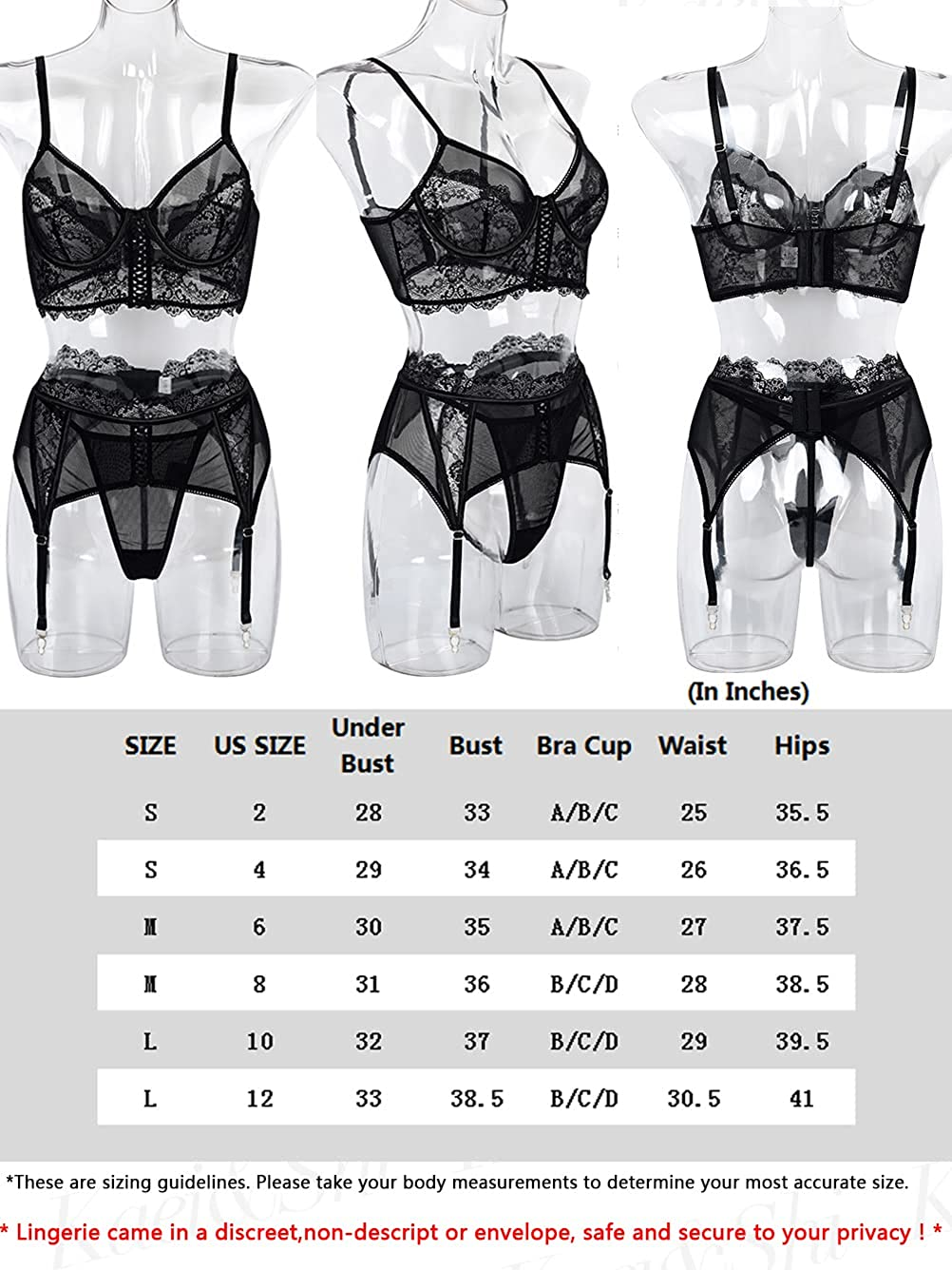 Kaei&Shi Sheer Lace Mesh, Underwire Cami, High Waisted Lace up Belt, 3 Piece Garter Set Apparel & Accessories > Clothing > Underwear & Socks > Lingerie Kaei&Shi   