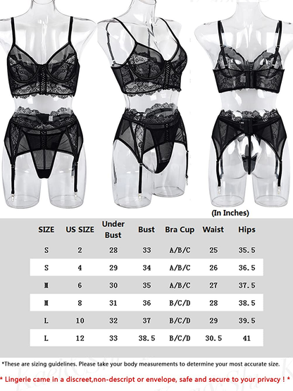 Kaei&Shi Sheer Lace Mesh, Underwire Cami, High Waisted Lace up Belt, 3 Piece Garter Set Apparel & Accessories > Clothing > Underwear & Socks > Lingerie Kaei&Shi   