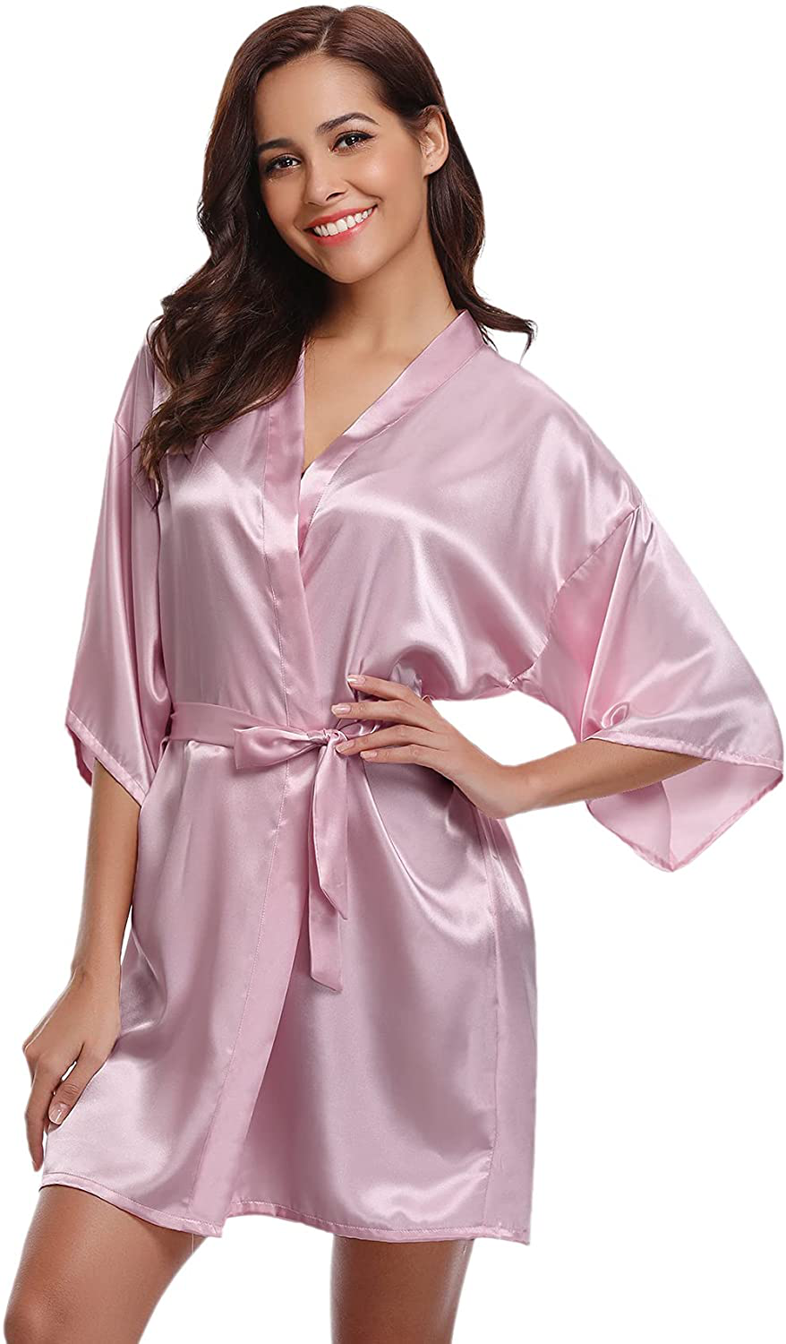 Litherday Women'S Kimono Robe Silk Bathrobe Sleepwear Short Satin Robes for Bridal Bridesmaids Dressing Gown Apparel & Accessories > Clothing > Sleepwear & Loungewear > Robes Litherday Light Pink Small 