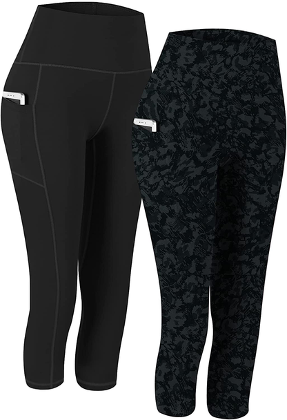 Fengbay 2 Pack High Waist Yoga Pants, Pocket Yoga Pants Tummy Control Workout Running 4 Way Stretch Yoga Leggings Apparel & Accessories > Clothing > Activewear Fengbay Capris Black & Black Gray Mix Leopard Small 