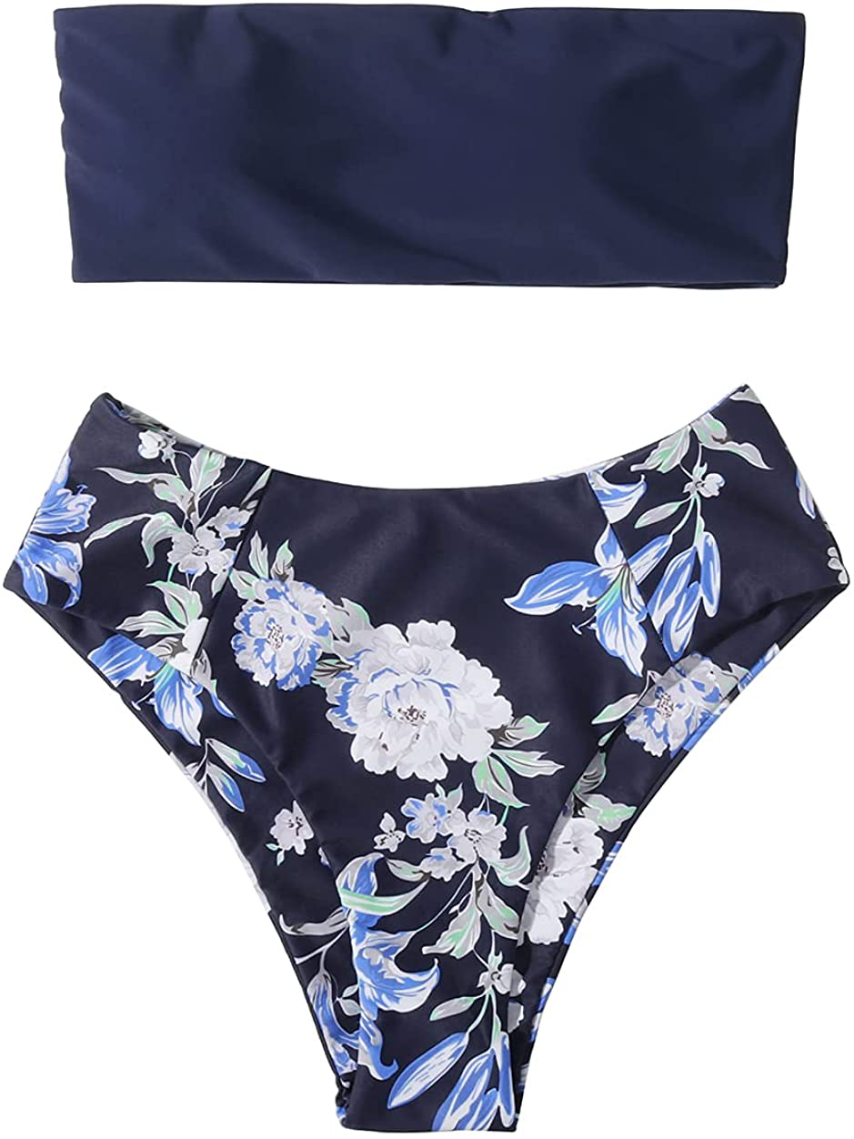 OMKAGI Women's 2 Pieces Bandeau Bikini Swimsuits Off Shoulder High Waist Bathing Suit High Cut Apparel & Accessories > Clothing > Swimwear OMKAGI 3388-dark Navy Floral Small 