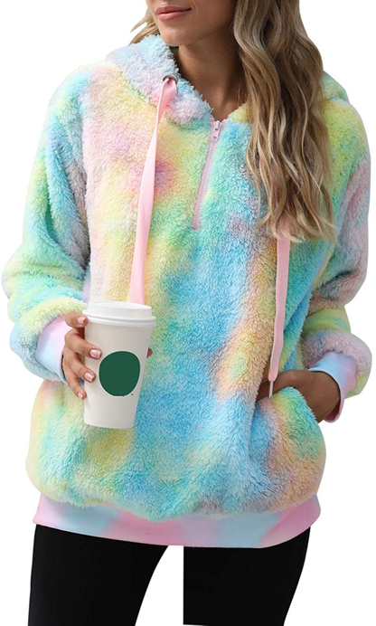 Nirovien Womens Sherpa Pullover Tie Dye Fuzzy Hoodie Double Fleece Sweatshirts Fluffy Oversized Plaid Outerwear Apparel & Accessories > Clothing > Activewear Kylie Max   