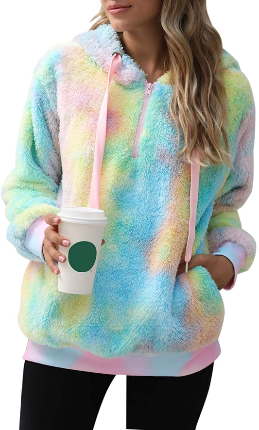 Nirovien Womens Sherpa Pullover Tie Dye Fuzzy Hoodie Double Fleece Sweatshirts Fluffy Oversized Plaid Outerwear Apparel & Accessories > Clothing > Activewear Kylie Max   