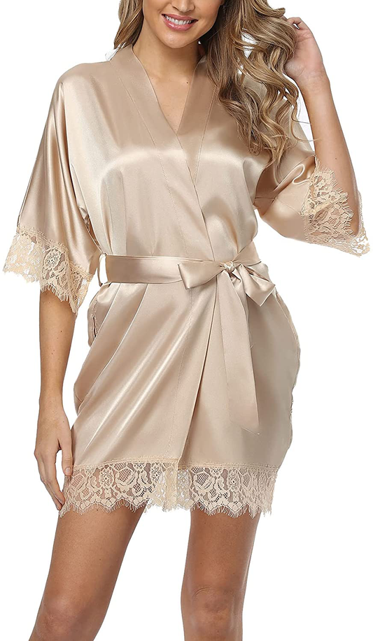 Old-Times Women Satin Short Robes for Bridesmaid Bride Sexy Nightgown Lace Trim Lightweight Bathrobe Apparel & Accessories > Clothing > Sleepwear & Loungewear > Robes Old-Times Champagne Medium 