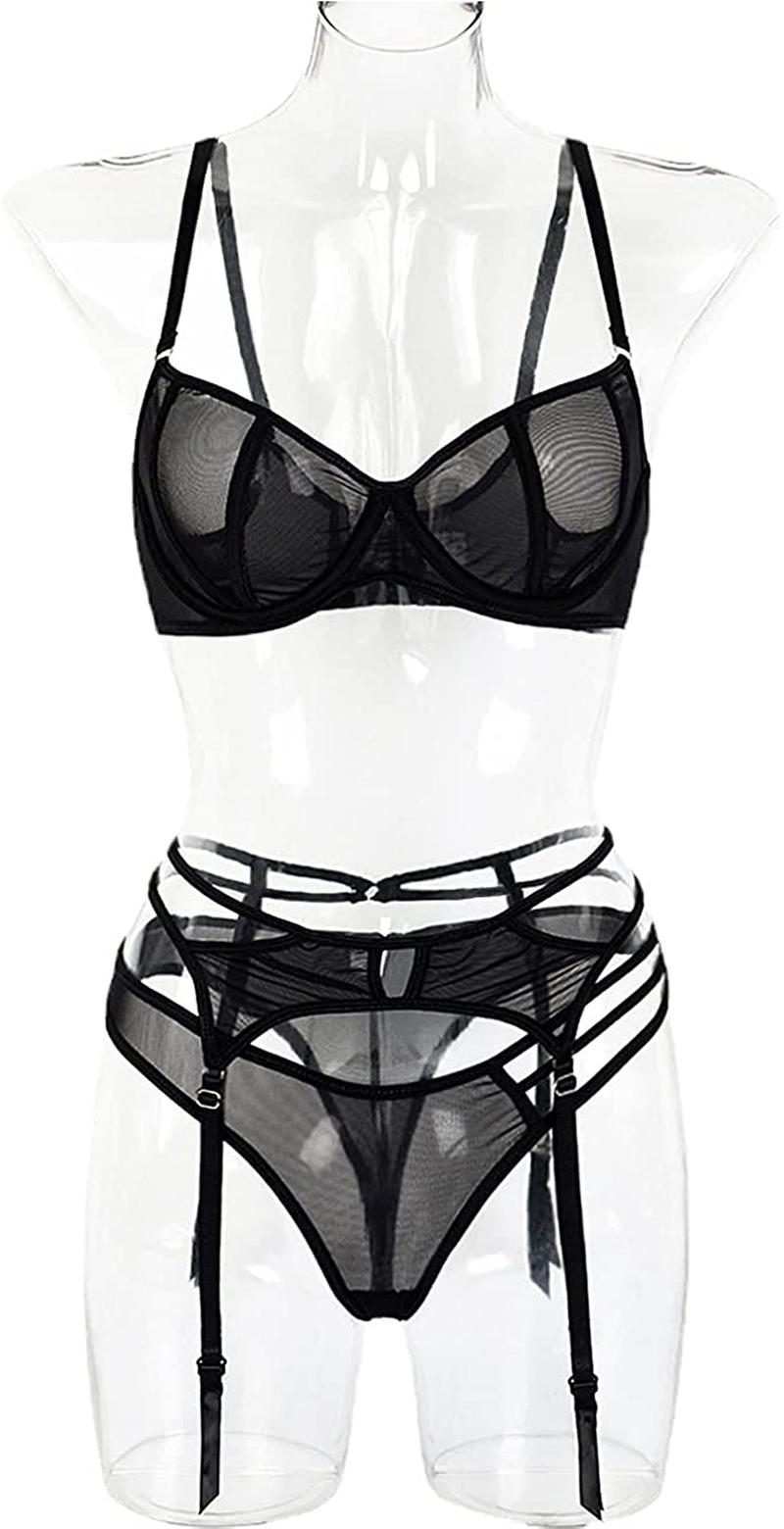 Kaei&Shi Sheer Mesh,Underwire,Cutout Thong,Garter Bet,3 Piece Lingerie Set Apparel & Accessories > Clothing > Underwear & Socks > Lingerie Kaei&Shi   