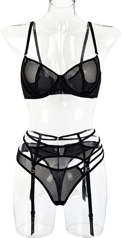 Kaei&Shi Sheer Mesh,Underwire,Cutout Thong,Garter Bet,3 Piece Lingerie Set Apparel & Accessories > Clothing > Underwear & Socks > Lingerie Kaei&Shi   