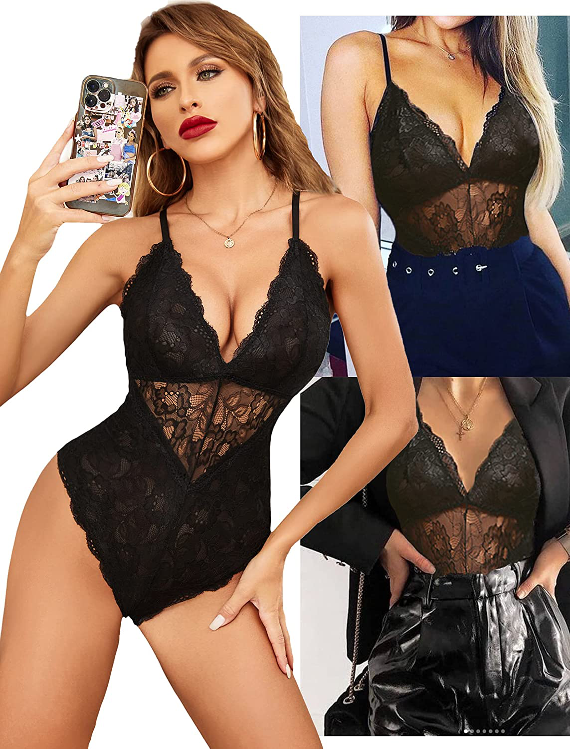 Avidlove Women Snap Crotch Lingerie Sexy Lace Bodysuit Deep V Teddy One Piece Lace Babydoll Apparel & Accessories > Clothing > Underwear & Socks > Lingerie Avidlove   