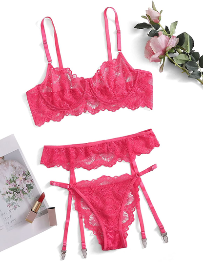 Shein Women'S 3 Piece Floral Lace Lingerie Set with Garter Belts Sexy Bra and Panty Apparel & Accessories > Clothing > Underwear & Socks > Lingerie SheIn   