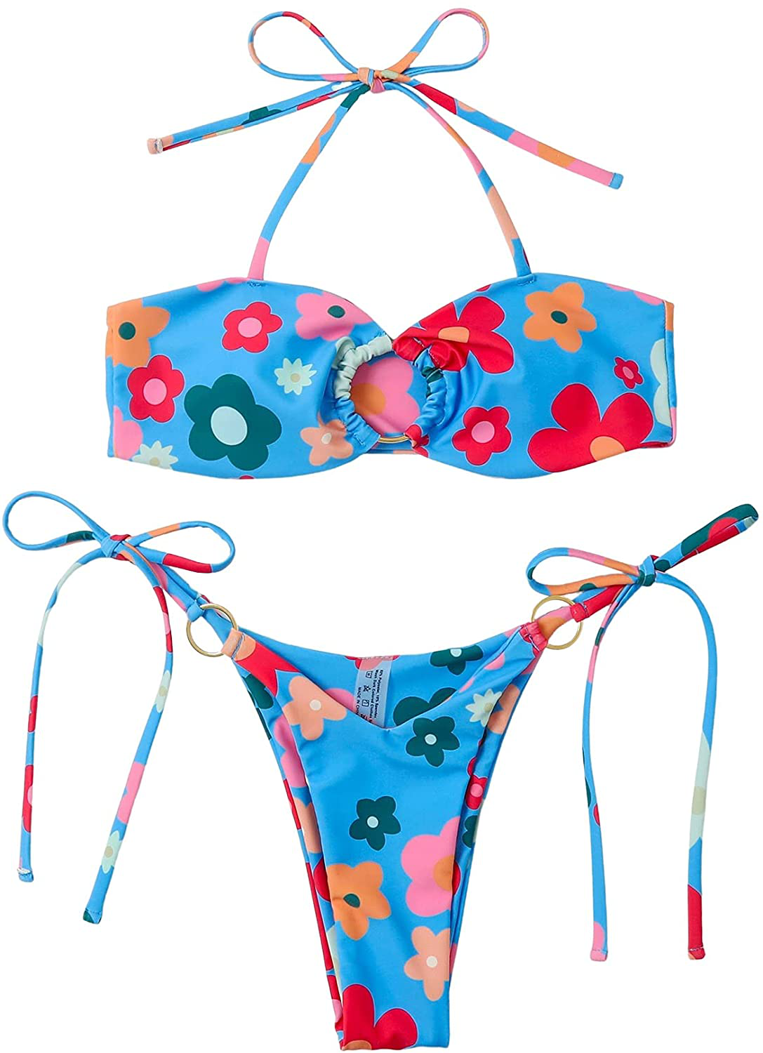 SOLY HUX Women's Halter Triangle Tie Side Bikini 2 Piece Swimsuits Apparel & Accessories > Clothing > Swimwear SOLY HUX Blue Floral Medium 