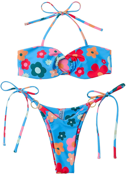 SOLY HUX Women's Halter Triangle Tie Side Bikini 2 Piece Swimsuits Apparel & Accessories > Clothing > Swimwear SOLY HUX Blue Floral Medium 